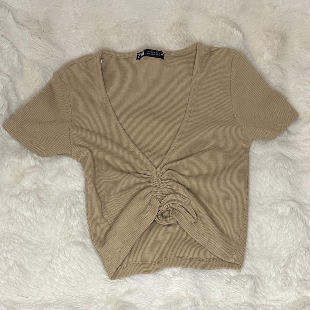 Zara NWOT Beige Ruched Short Sleeve Crop Top
